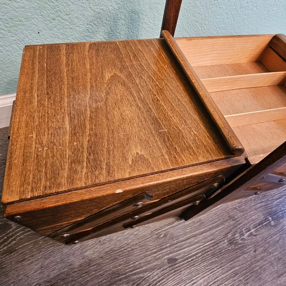 Vintage Strommen Bruk Norway MCM Accordion Wood Sewing Box Craft Storage Caddy